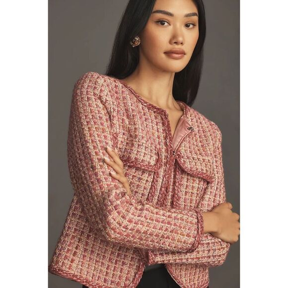 By Anthropologie Slim Tweed Jacket Pink size S Blazer - Picture 1 of 15
